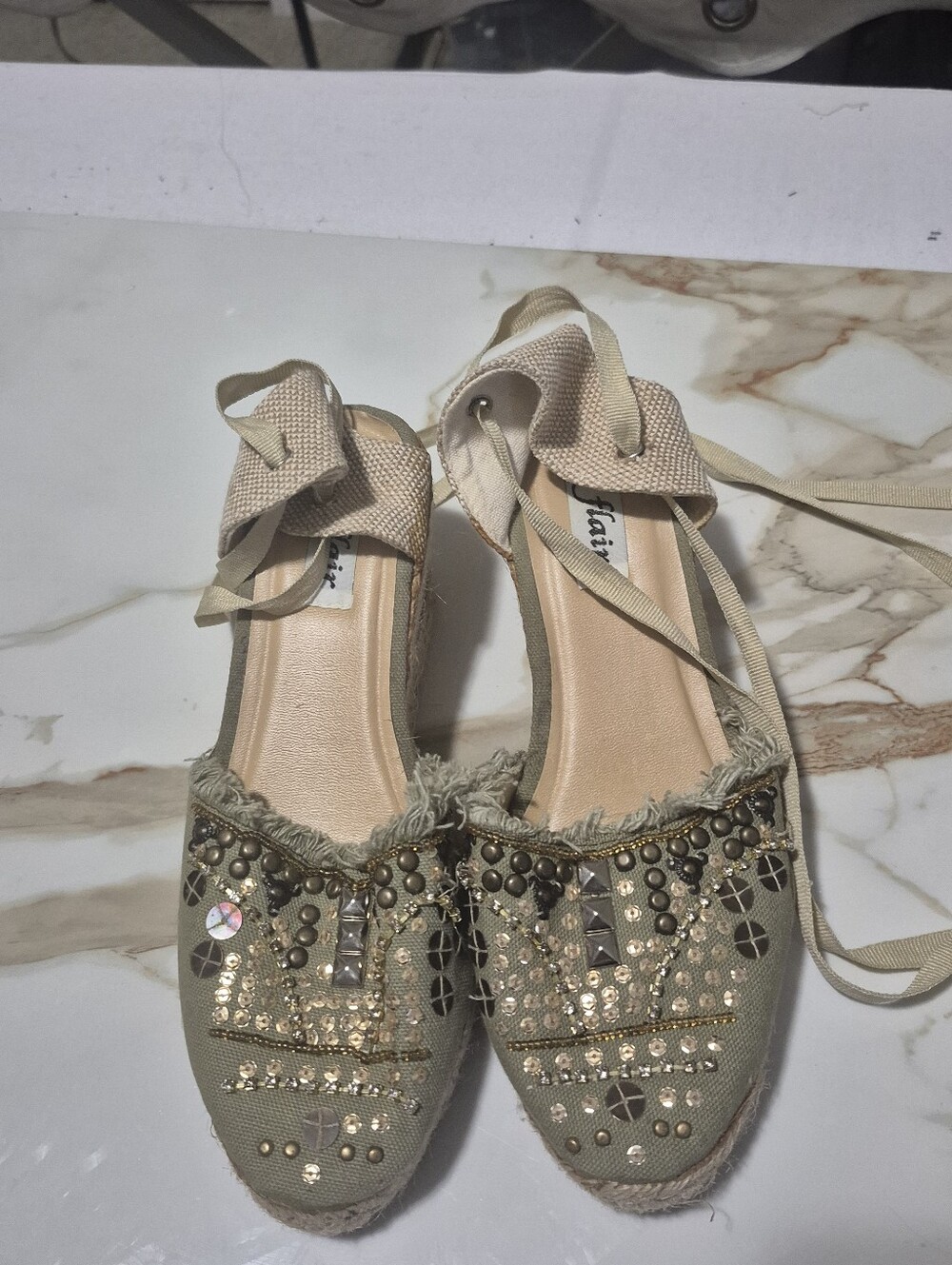 Women's Embellished Beige Espadrille Flats